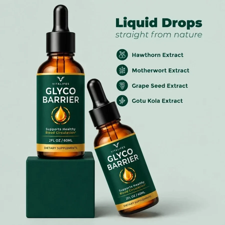 The GlycoBarrier liquid drops panel naming hawthorn, motherwort, grape seed and gotu kola extracts