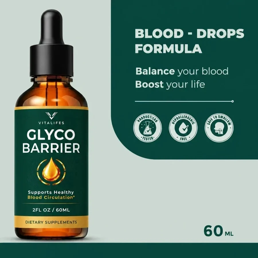 The GlycoBarrier bottle beside the seller's Blood-Drops Formula panel